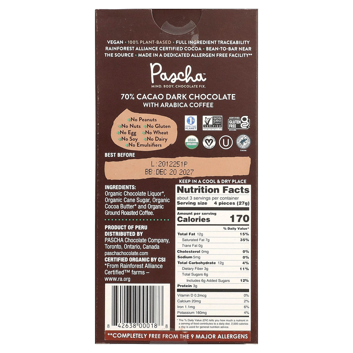 Pascha, Organic Dark Chocolate Bar, Arabica Coffee, 70% Cacao, 2.82 oz (80 g)