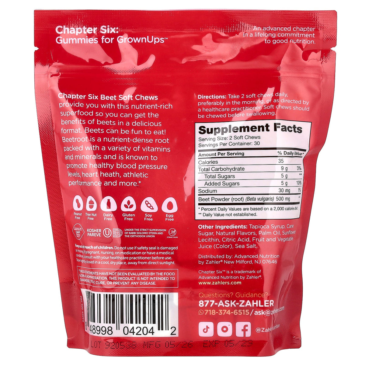 Zahler, Chapter Six™, Beet Soft Chews, Strawberry, 60 Soft Chews (250 mg per Soft Chew)