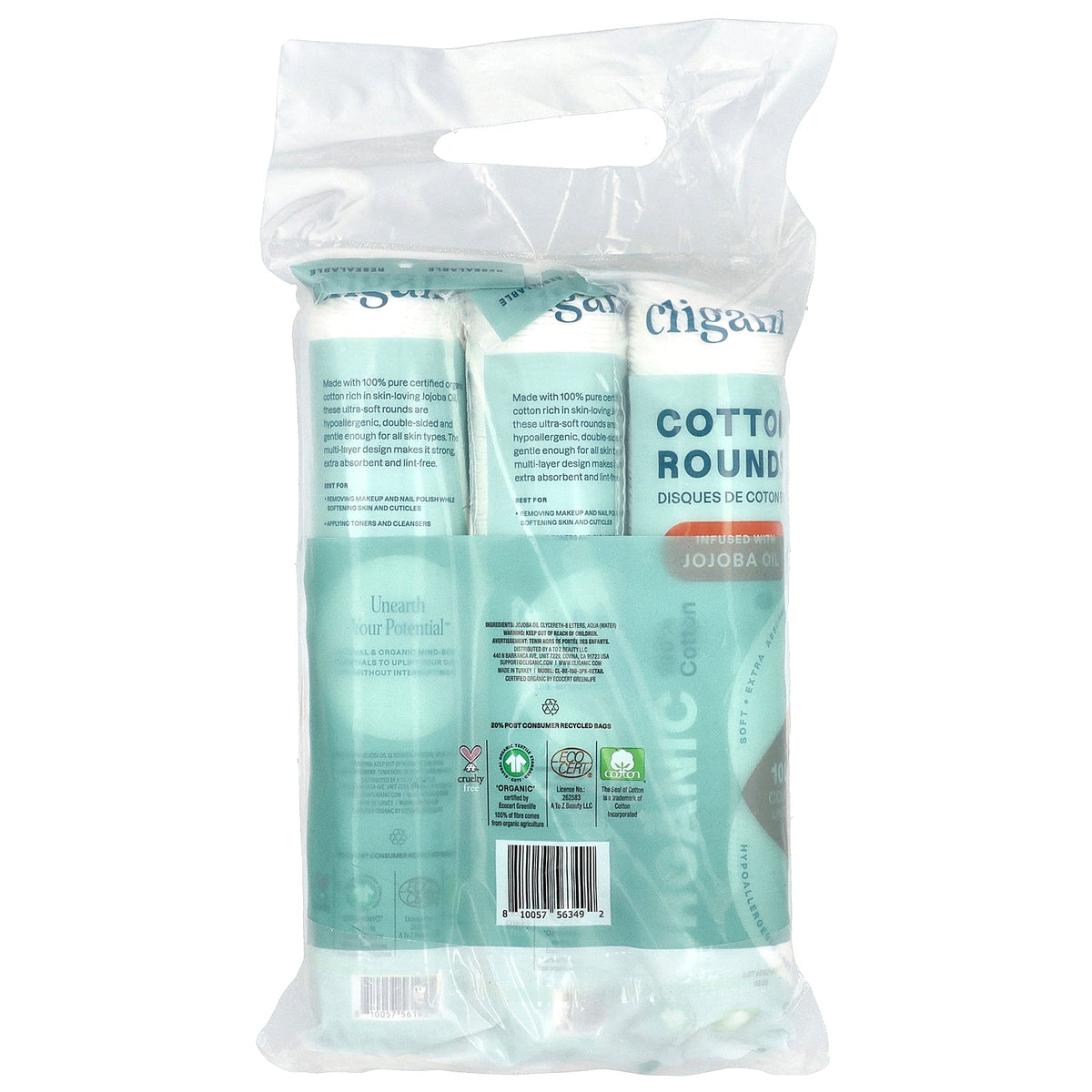 Cliganic, Organic Cotton Rounds Infused With Jojoba Oil , 3 Packs, (100 Cotton Rounds) Each