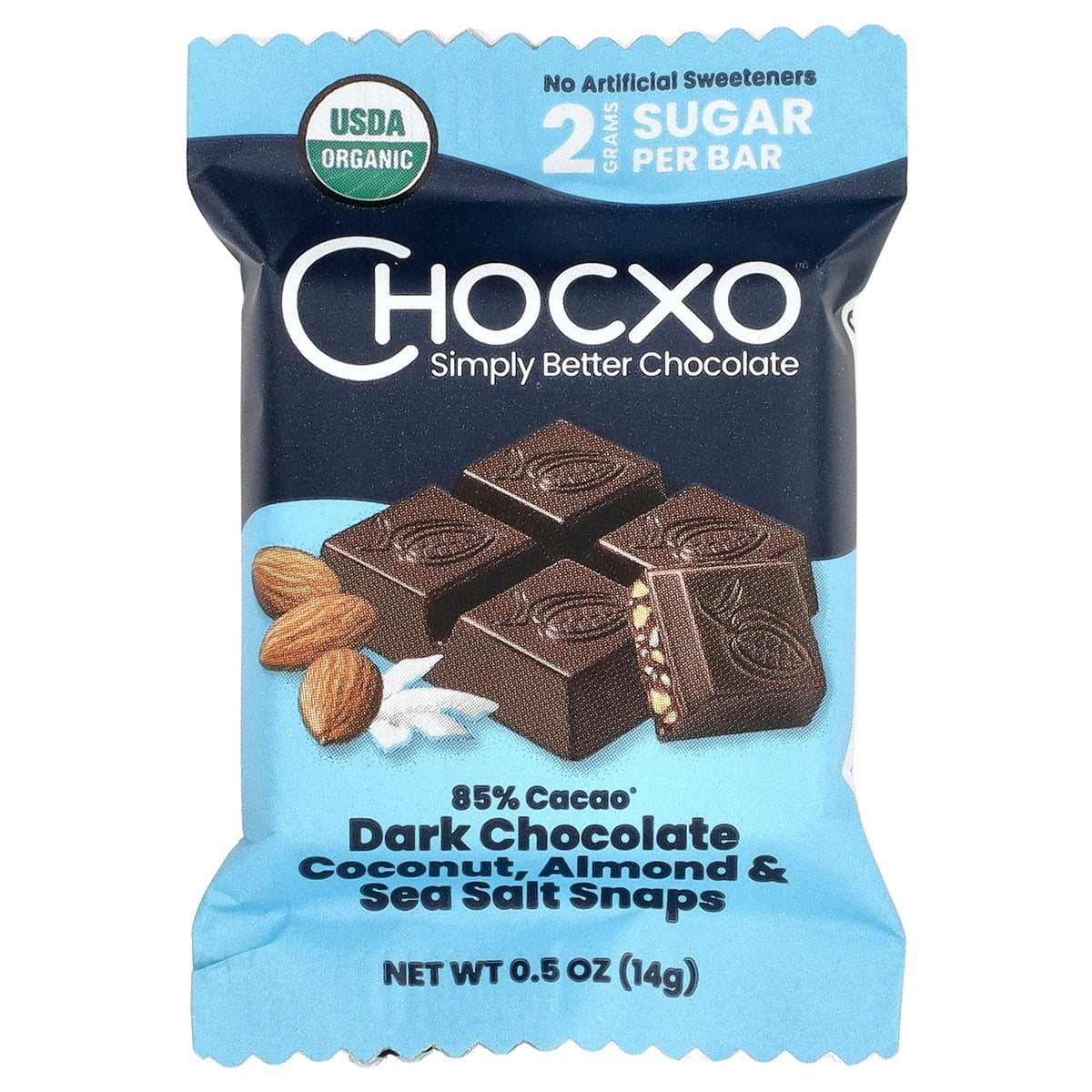 Chocxo, Organic Dark Chocolate Coconut, Almond & Sea Salt Snaps, 7 Bars, 0.5 oz (14 g) Each