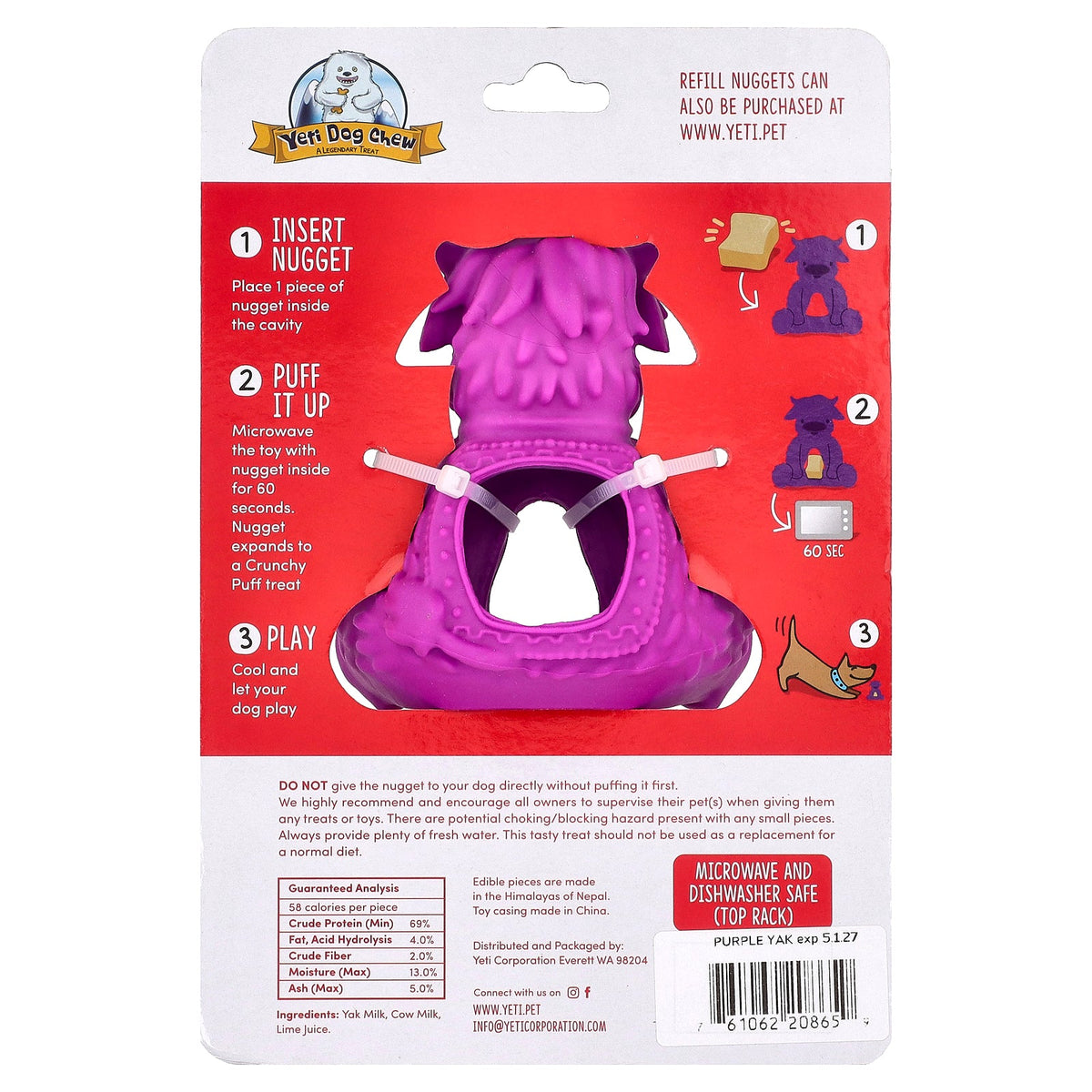 Puff & Play, Treat Dispenser, Yeti Dog Chew Nuggets, Purple, 4 Nuggets, 1 Dispenser