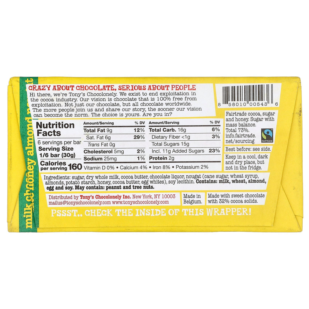 Tony's Chocolonely, Milk Chocolate Bar, Honey Almond Nougat, 6.35 oz (180 g)