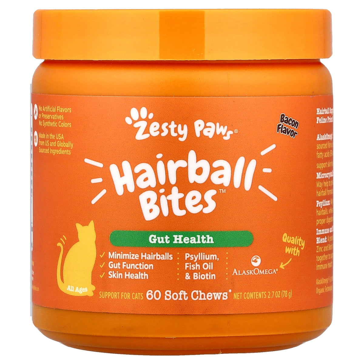 Zesty Paws, Hairball Bites™, For Cats, All Ages, Bacon, 60 Soft Chews, 2.7 oz (78 g)