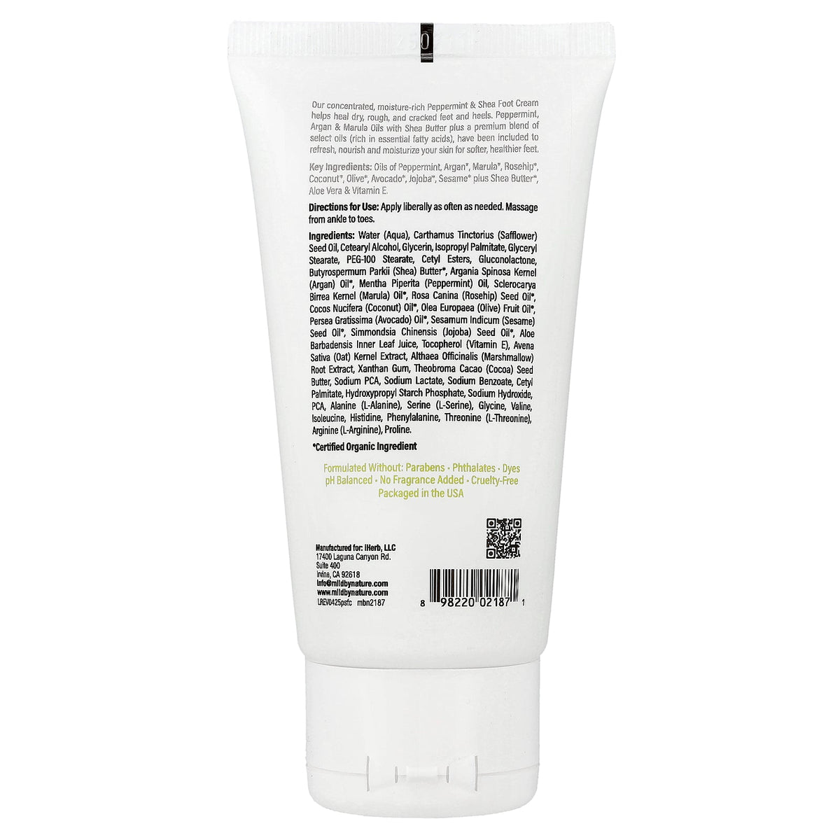 Mild By Nature, Peppermint & Shea Foot Cream with Argan & Marula Oils, 2.5 oz (71 g)