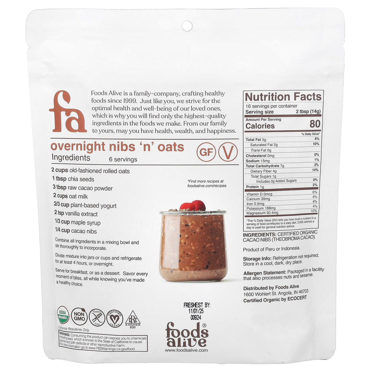 Foods Alive, Organic Cacao Nibs, 8 oz (227 g)