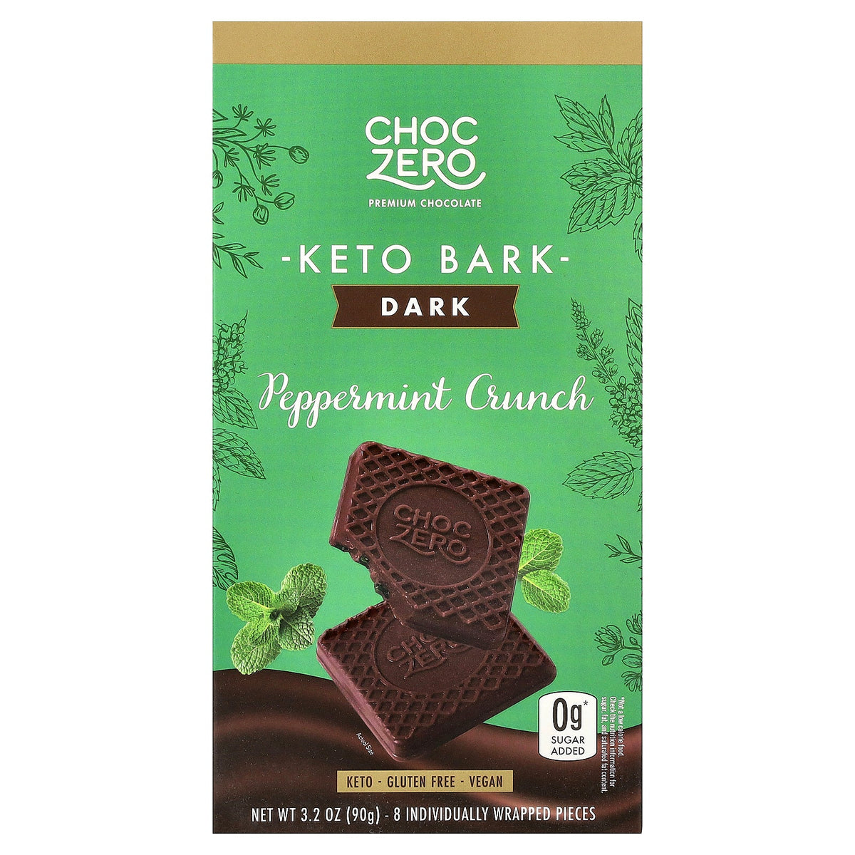 ChocZero, Keto Bark, Dark Chocolate, Peppermint Crunch, 8 Mini Bars, 3.2 oz (90 g)