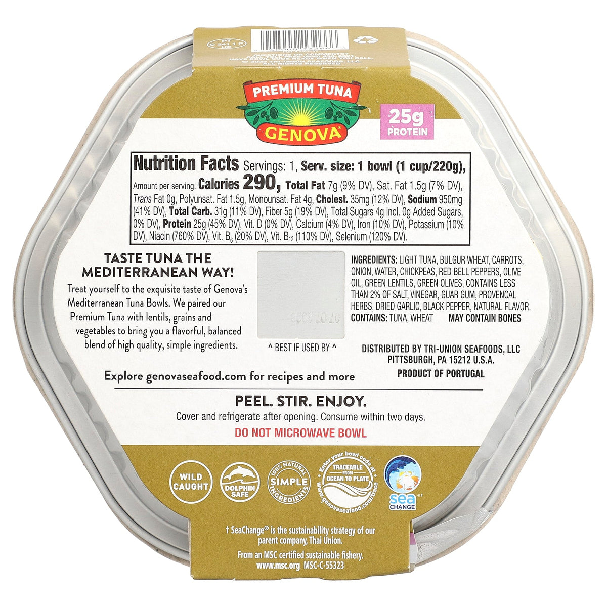 Genova, Premium Tuna, Mediterranean Bowl, Lentil & Grain, 7.76 oz (220 g)
