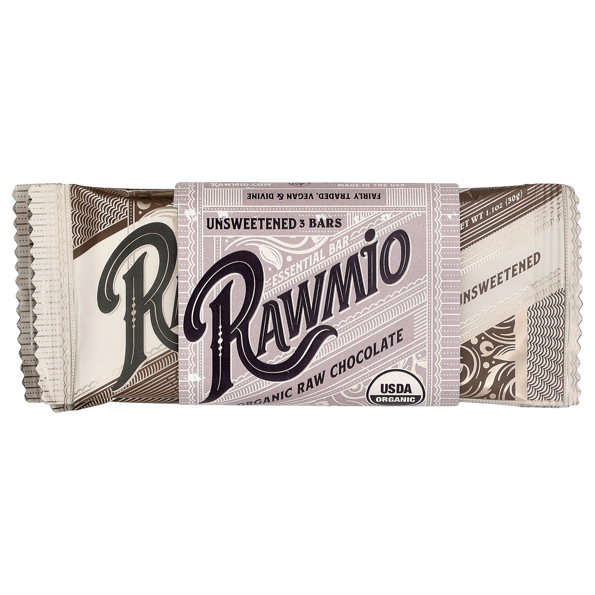 Rawmio, Organic Raw Chocolate Bar, Unsweetened, 100% Cacao, 3 Bars, 1.1 oz (30 g) Each