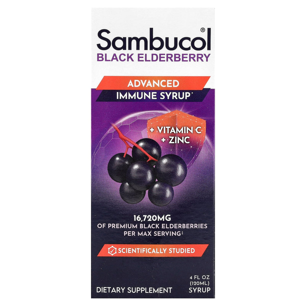 Sambucol, Black Elderberry Syrup, Advanced Immune, Vitamin C + Zinc, 4 fl oz (120 ml)