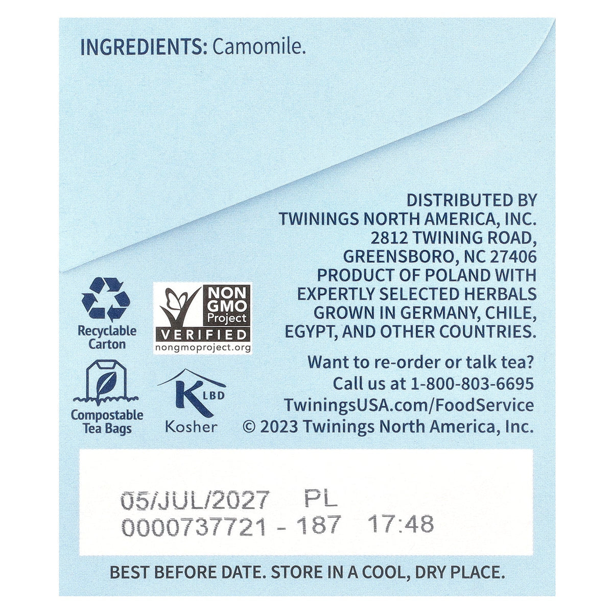 Twinings, Pure Herbal Tea, Pure Camomile, Caffeine-Free, 25 Tea Bags, 1.32 oz (37 g)