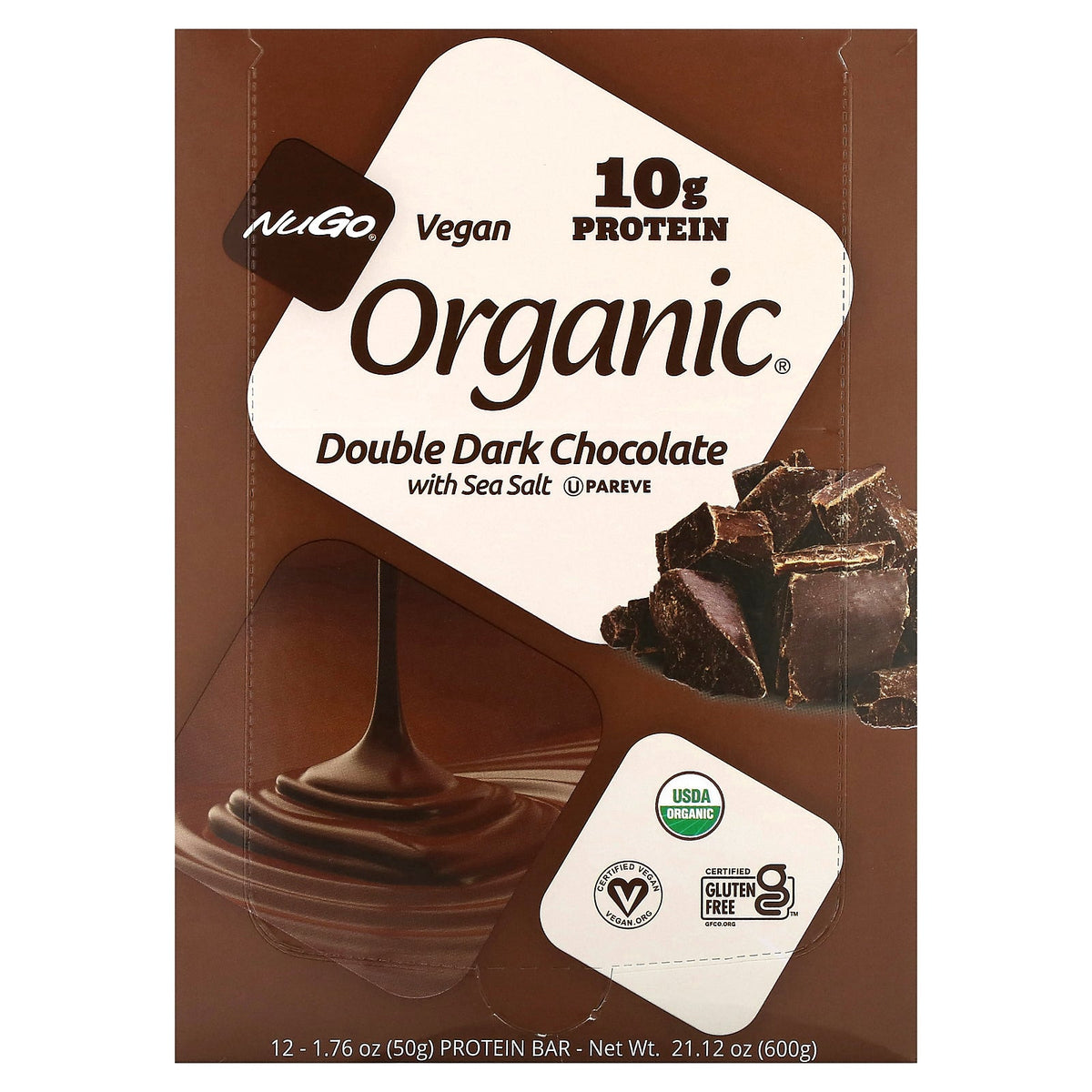 NuGo Nutrition, Organic® Protein Bars, Double Dark Chocolate with Sea Salt, 12 Bars, 1.76 oz (50 g) Each
