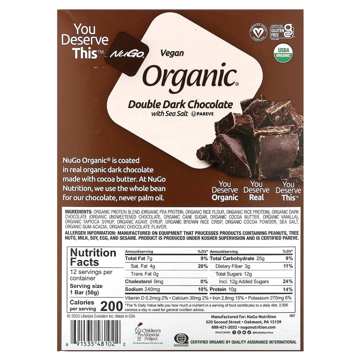 NuGo Nutrition, Organic® Protein Bars, Double Dark Chocolate with Sea Salt, 12 Bars, 1.76 oz (50 g) Each