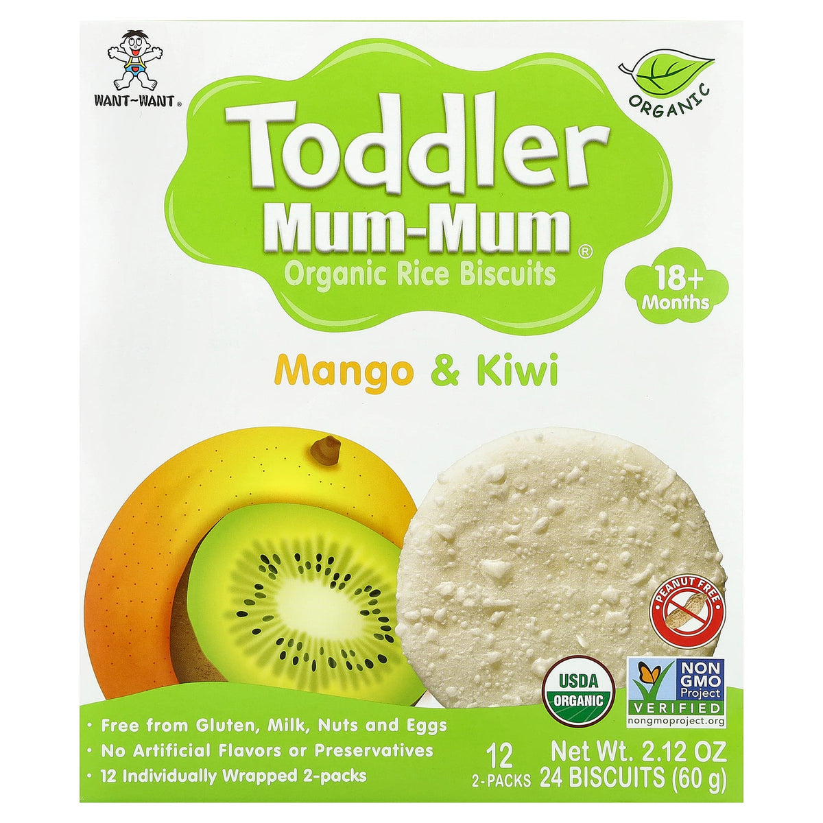 Hot Kid, Toddler Mum-Mum®, Organic Rice Biscuits, 18+ Months, Mango & Kiwi, 12 Packs, 2 Biscuits Each