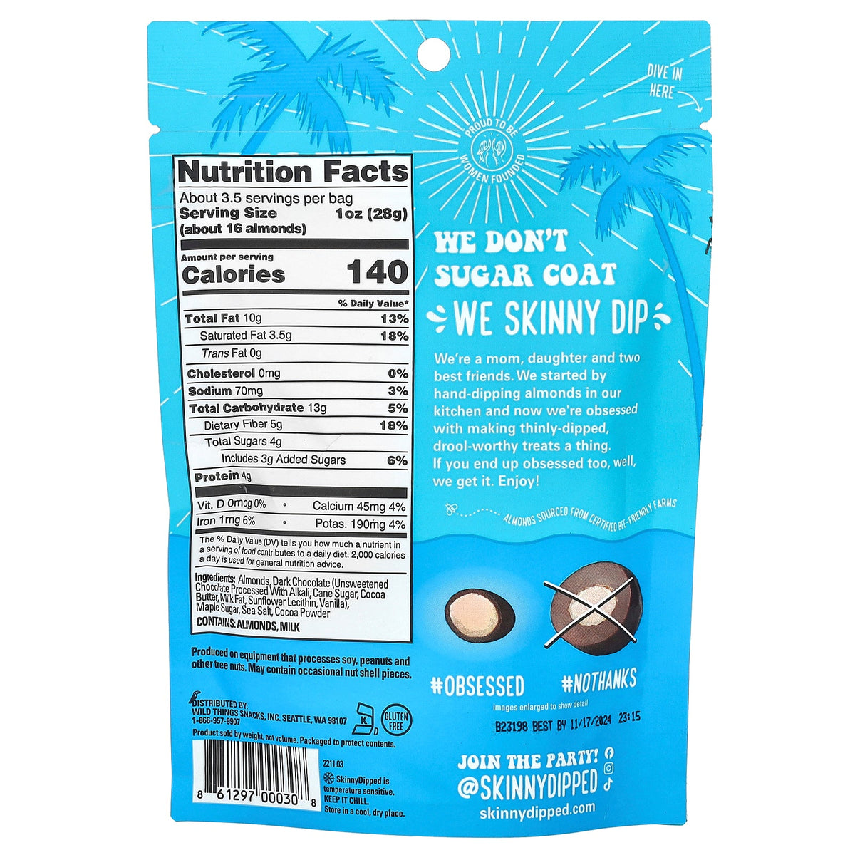 SkinnyDipped, Dark Chocolate Cocoa Almonds, 3.5 oz (99 g)