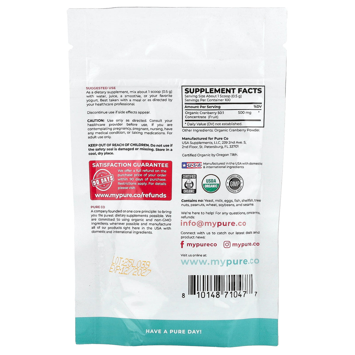 Pure Co., Organic Cranberry Powder, 1.76 oz (50 g)