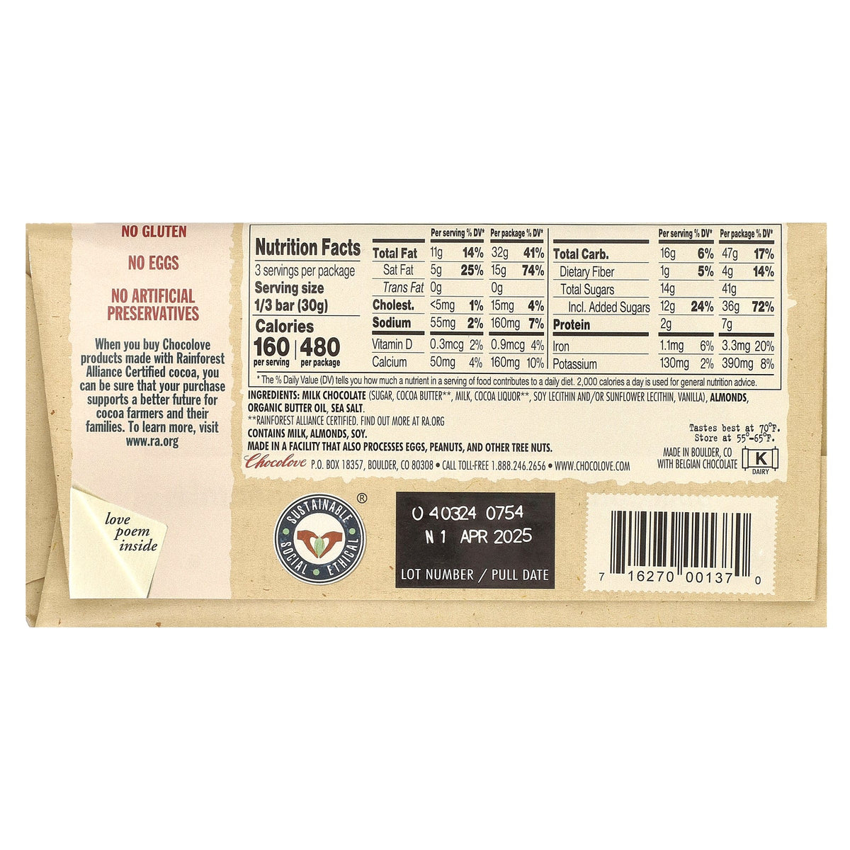 Chocolove, Almonds & Seal Salt in Milk Chocolate, 33% Cocoa, 3.2 oz (90 g)