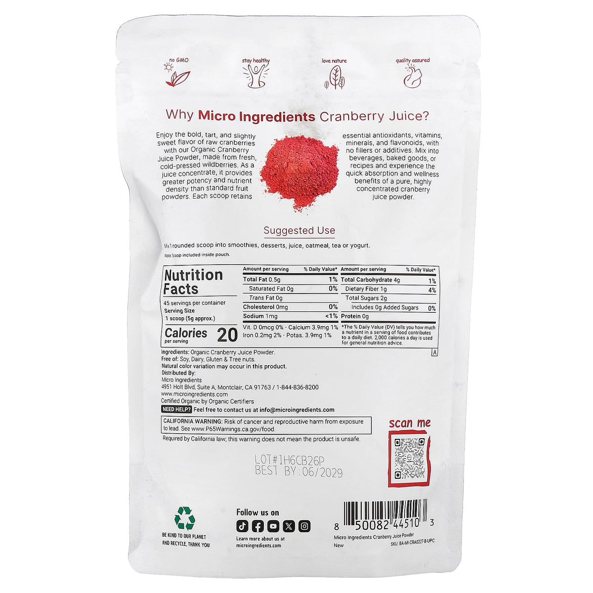 Micro Ingredients, Organic Cranberry Juice Powder, 8 oz (227 g)