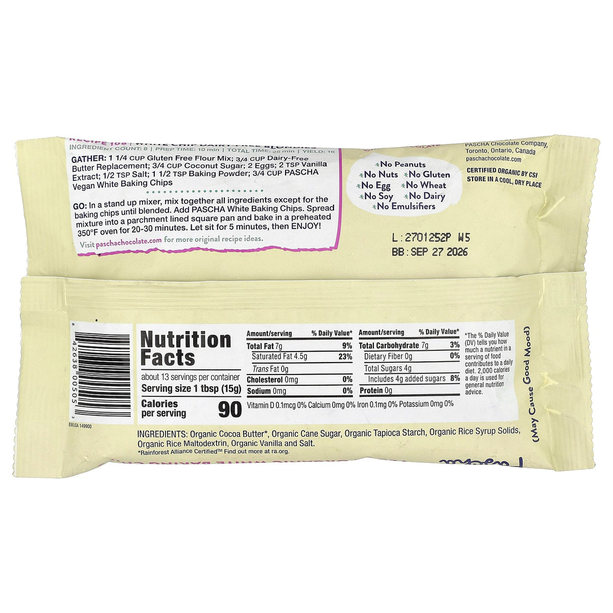 Pascha, Organic Vegan White Baking Chips, 7.1 oz (200 g)