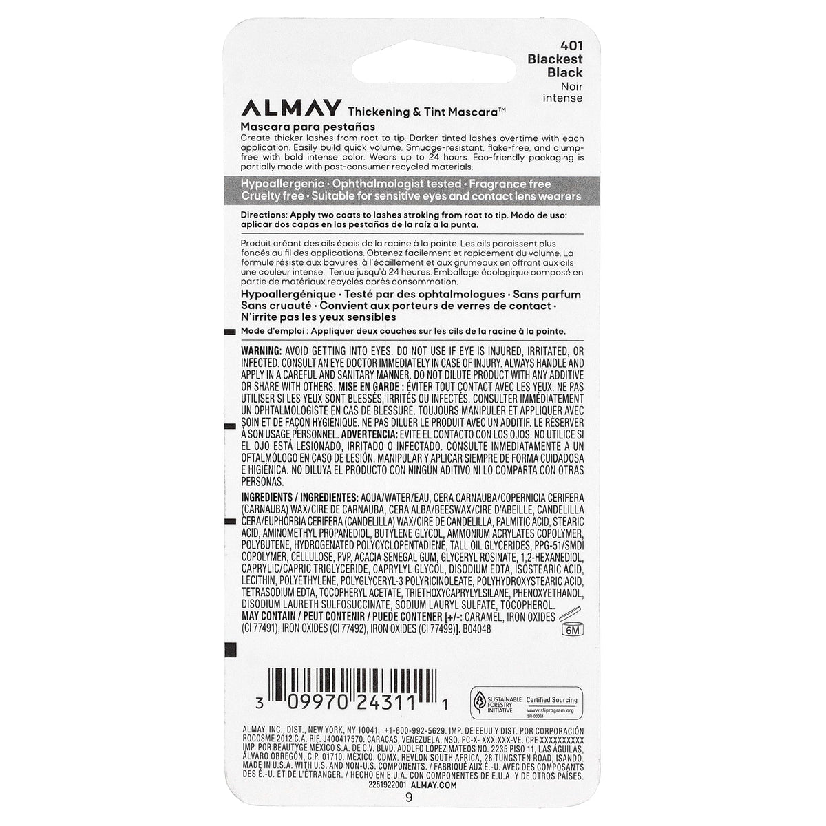 Almay, Thickening & Tint Mascara™, 401 Blackest Black, 0.28 fl oz (8.3 ml)