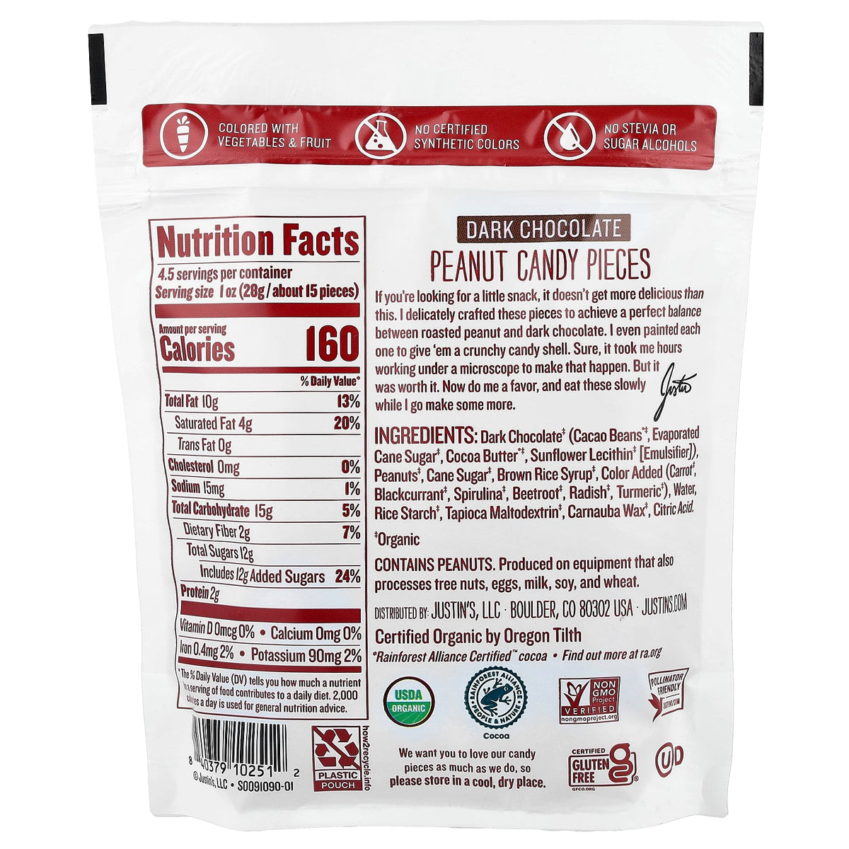 Justin's Nut Butter, Organic Peanut Candy Pieces, Dark Chocolate, 4.5 oz (128 g)