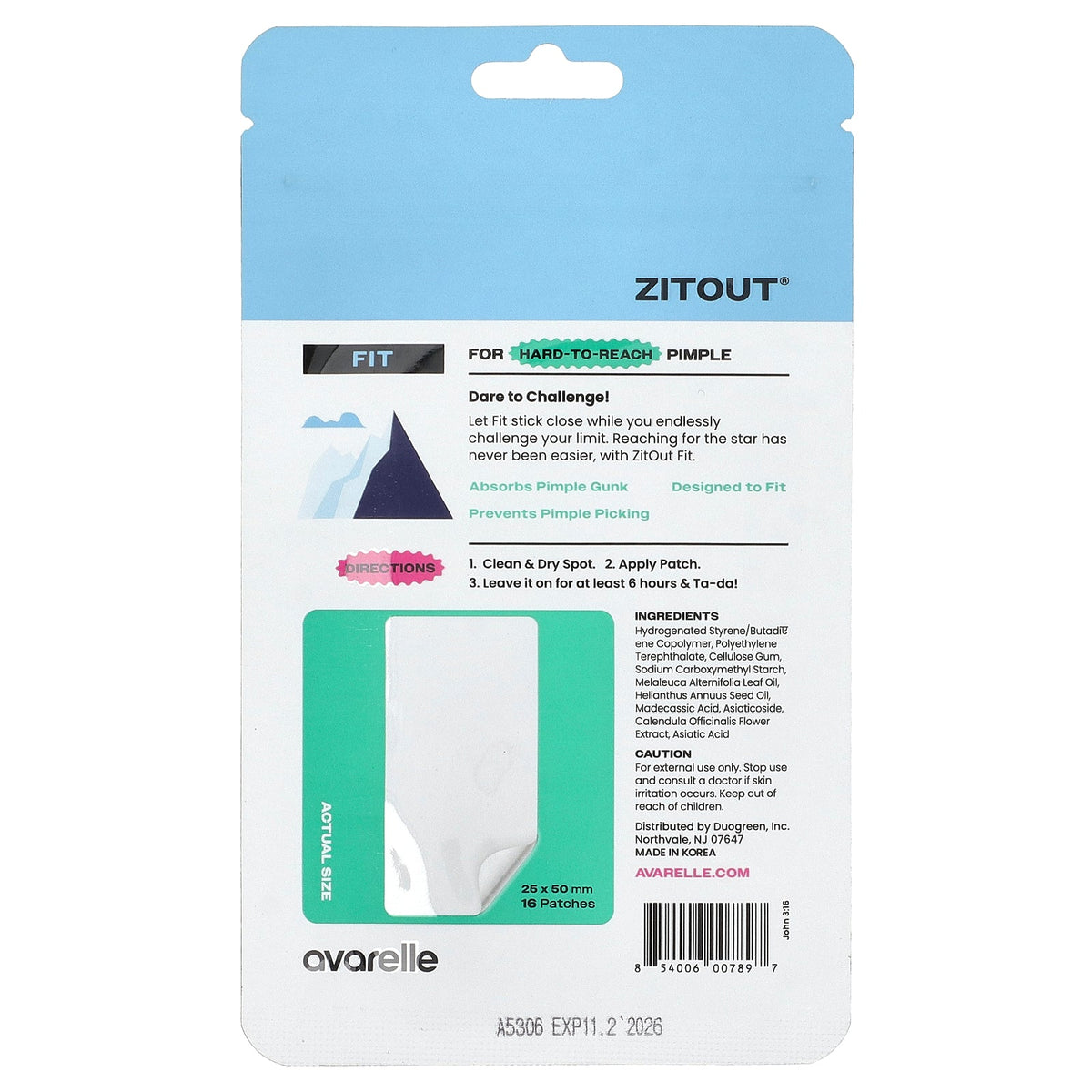 Avarelle, Zitout® Fit, Translucent Hydrocolloid Patch, 16 Patches