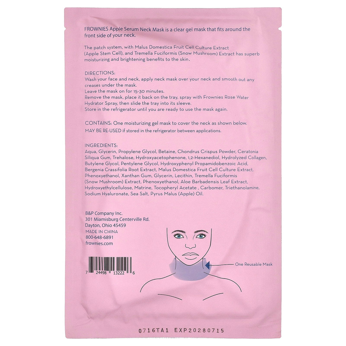 Frownies, Apple Serum Neck Beauty Mask, 1 Gel Mask