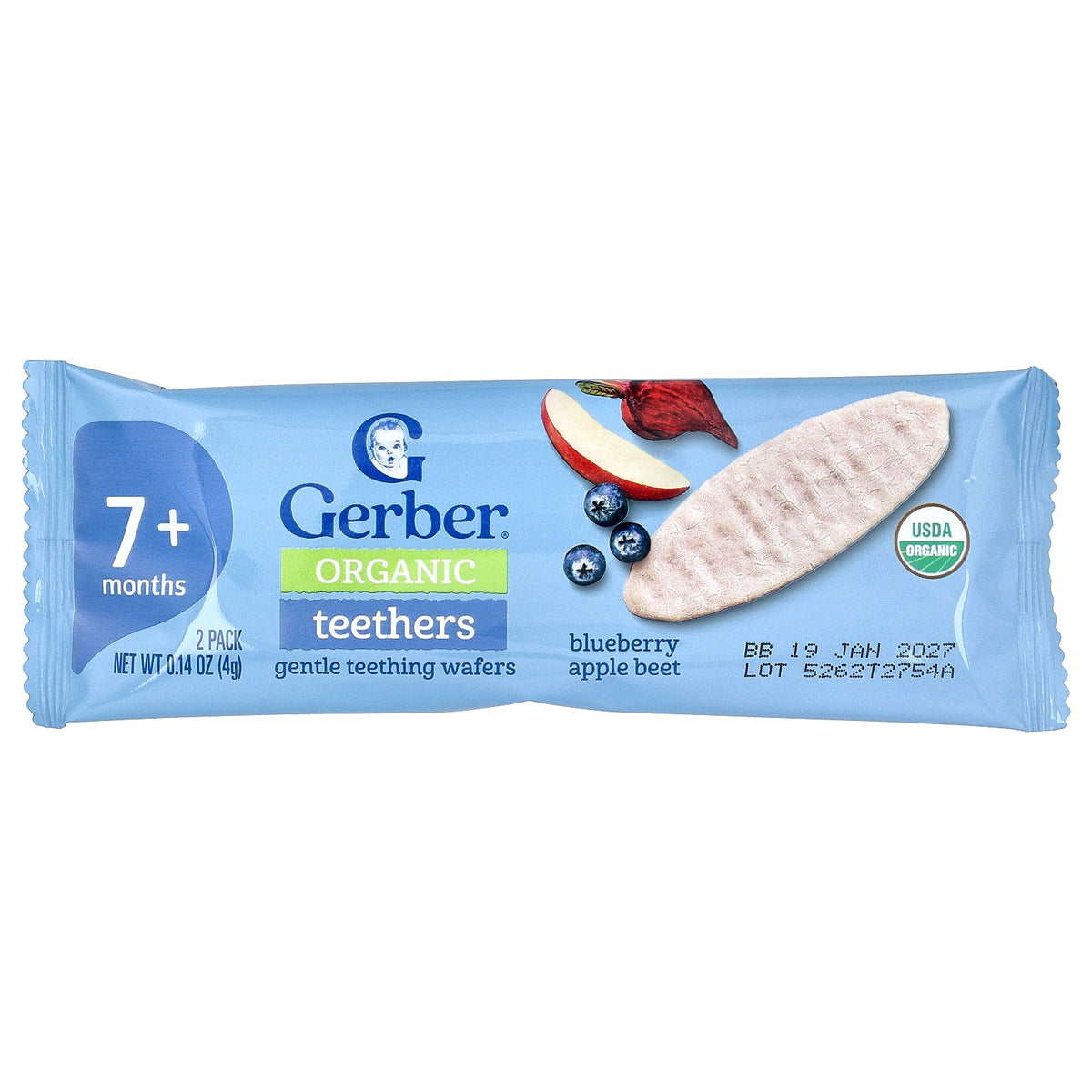 Gerber, Organic Teethers, Gentle Teething Wafers, 7+ Months, Blueberry Apple Beet, 12 Individually Wrapped 2-Packs, 0.14 oz (4 g) Each