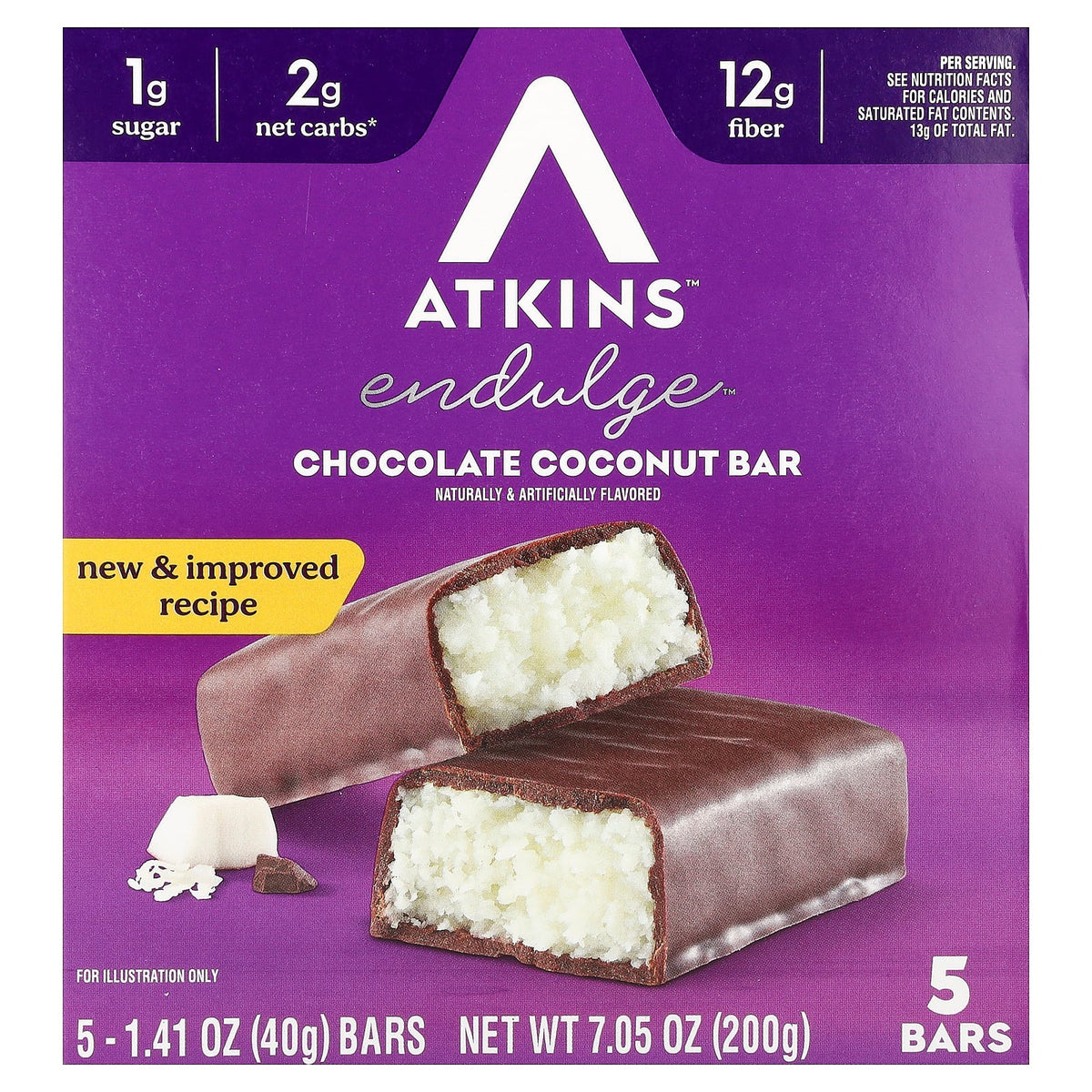 Atkins, Endulge™, Chocolate Coconut Bar, 5 Bars, 1.41 oz (40 g) Each