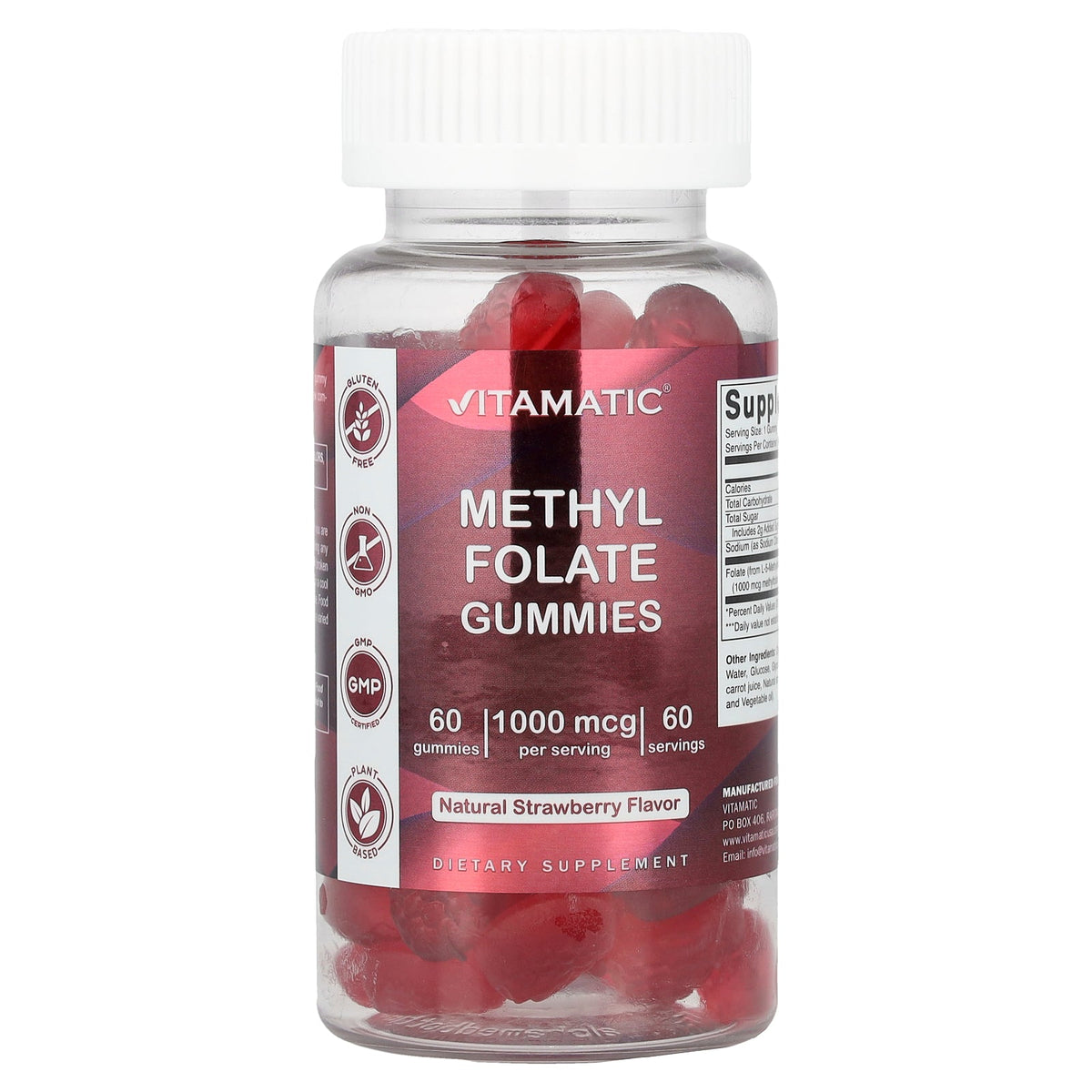 Vitamatic, Methyl Folate Gummies, Natural Strawberry, 1,000 mcg, 60 Gummies