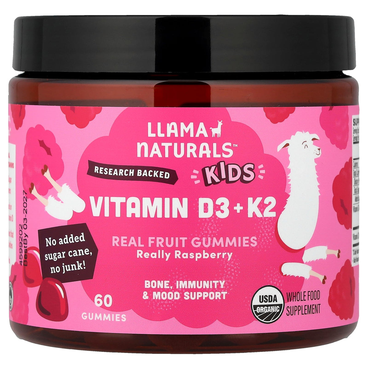 Llama Naturals, Kids Vitamin D3 + K2, Real Fruit Gummies, Really Raspberry, 60 Gummies