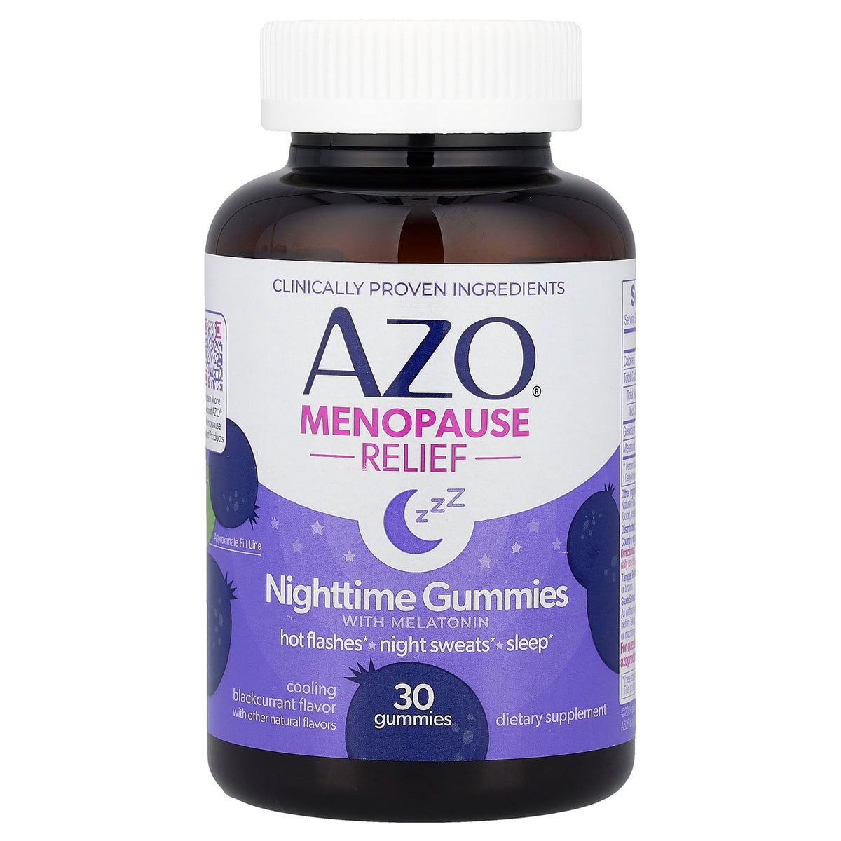 AZO, Menopause Relief, Nighttime Gummies with Melatonin, Cooling Blackcurrant, 30 Gummies