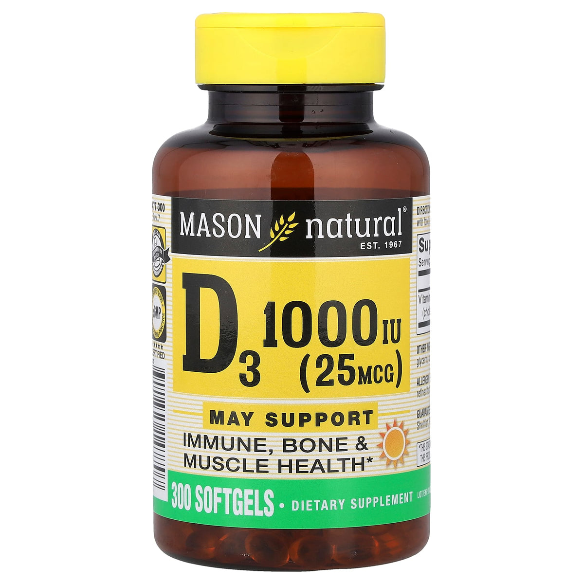 Mason Natural, Vitamin D3, 25 mcg (1,000 IU), 300 Softgels
