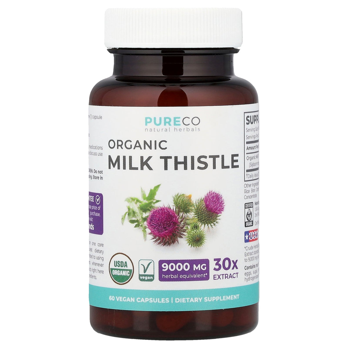 Pure Co., Organic Milk Thistle, 60 Vegan Capsules (300 mg per Capsule)