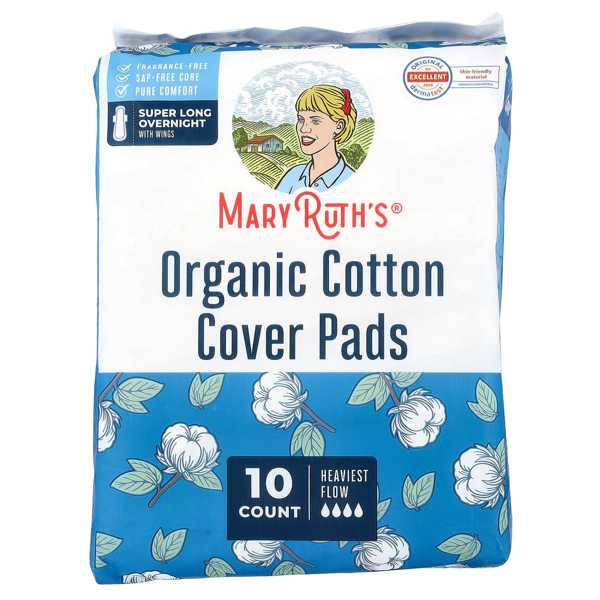 MaryRuth's, Organic Cotton Cover Pads with Wings, Super Long Overnight, Heaviest Flow, 10 Pads