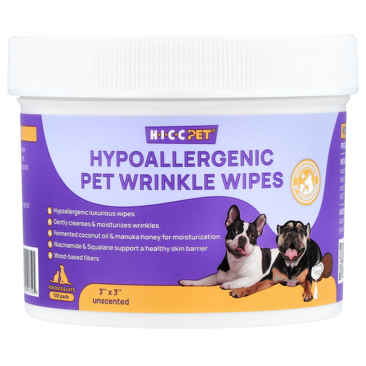 HICC Pet, Hypoallergenic Pet Wrinkle Wipes, For Dogs & Cats, Unscented, 100 Pads