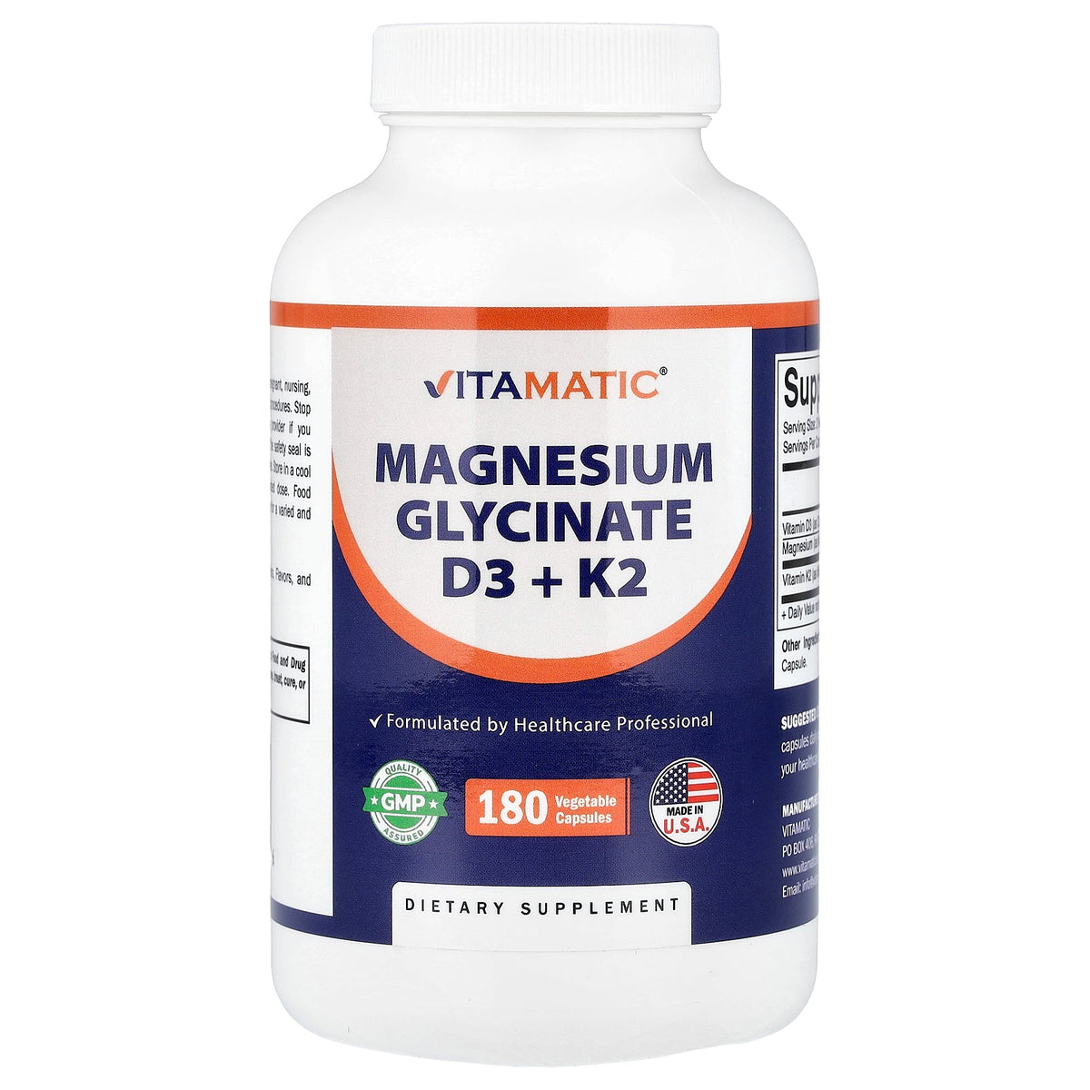 Vitamatic, Magnesium Glycinate D3 + K2, 180 Vegetable Capsules