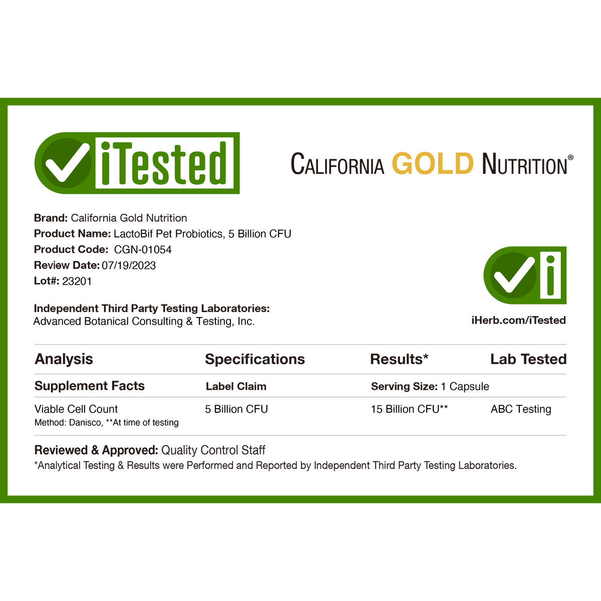 California Gold Nutrition, LactoBif® Pet Probiotics, 60 Veggie Capsules
