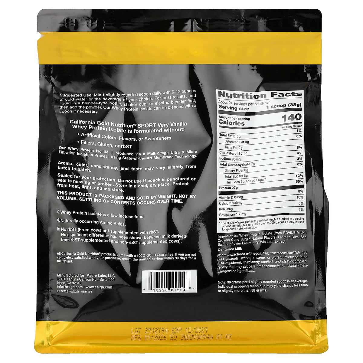 California Gold Nutrition, Sport, Whey Protein Isolate with Organic Cane Sugar, with Sunflower Lecithin, Very Vanilla, 2 lb (907 g)