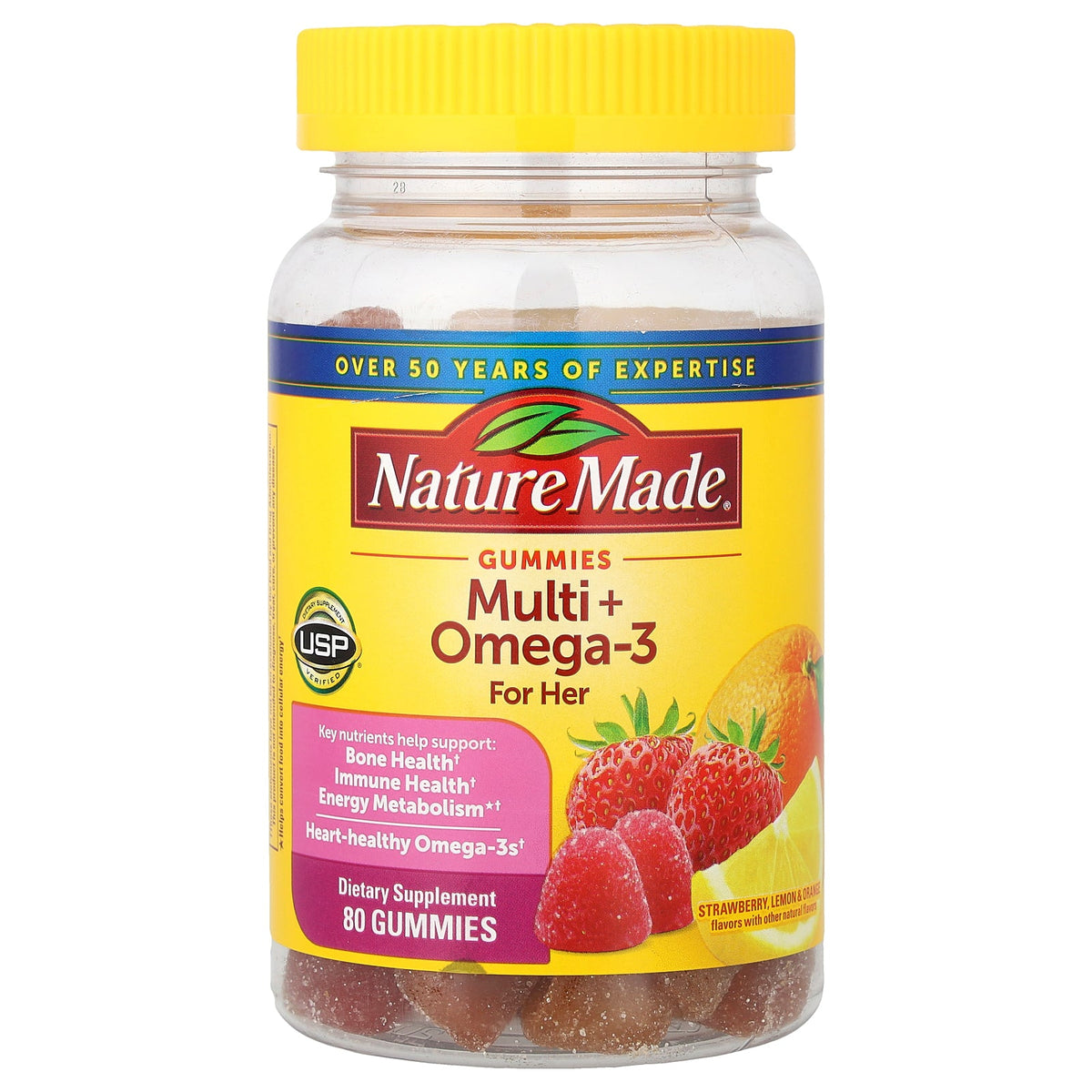 Nature Made, Multi + Omega-3 Gummies For Her, Strawberry Lemon & Orange, 80 Gummies