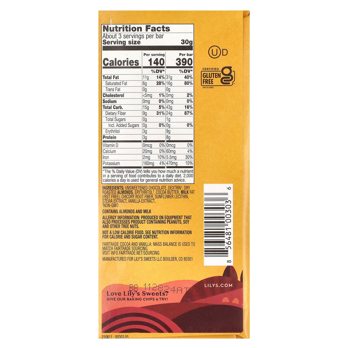 Lily's Sweets, Dark Chocolate Bar, Almond, 55% Cocoa, 3 oz (85 g)