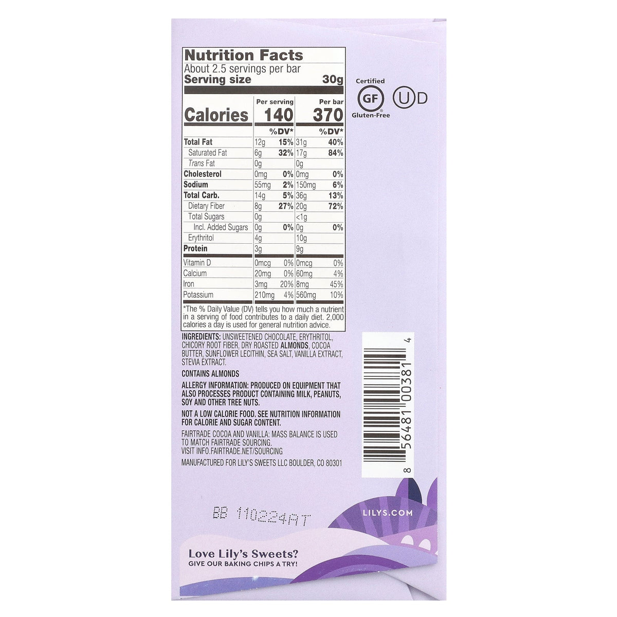 Lily's Sweets, Extra Dark Chocolate Bar, Salted Almond, 70% Cocoa, 2.8 oz (80 g)