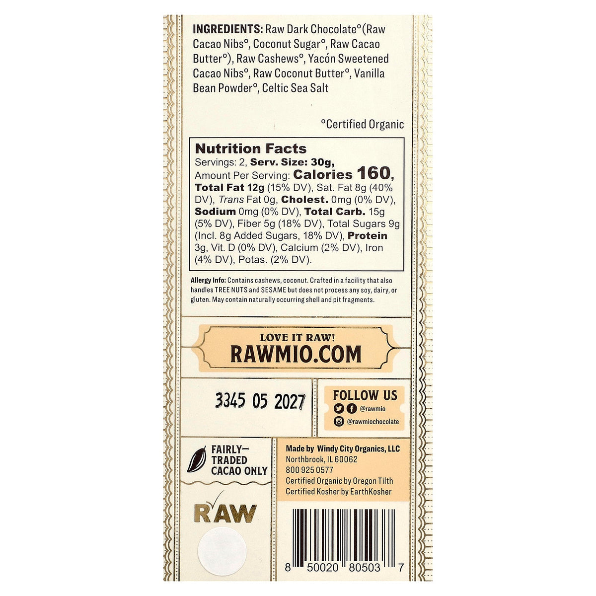 Rawmio, Dark Chocolate Bar, Coconut Caramel & Cashew, 70% Cacao, 2.12 oz (60 g)