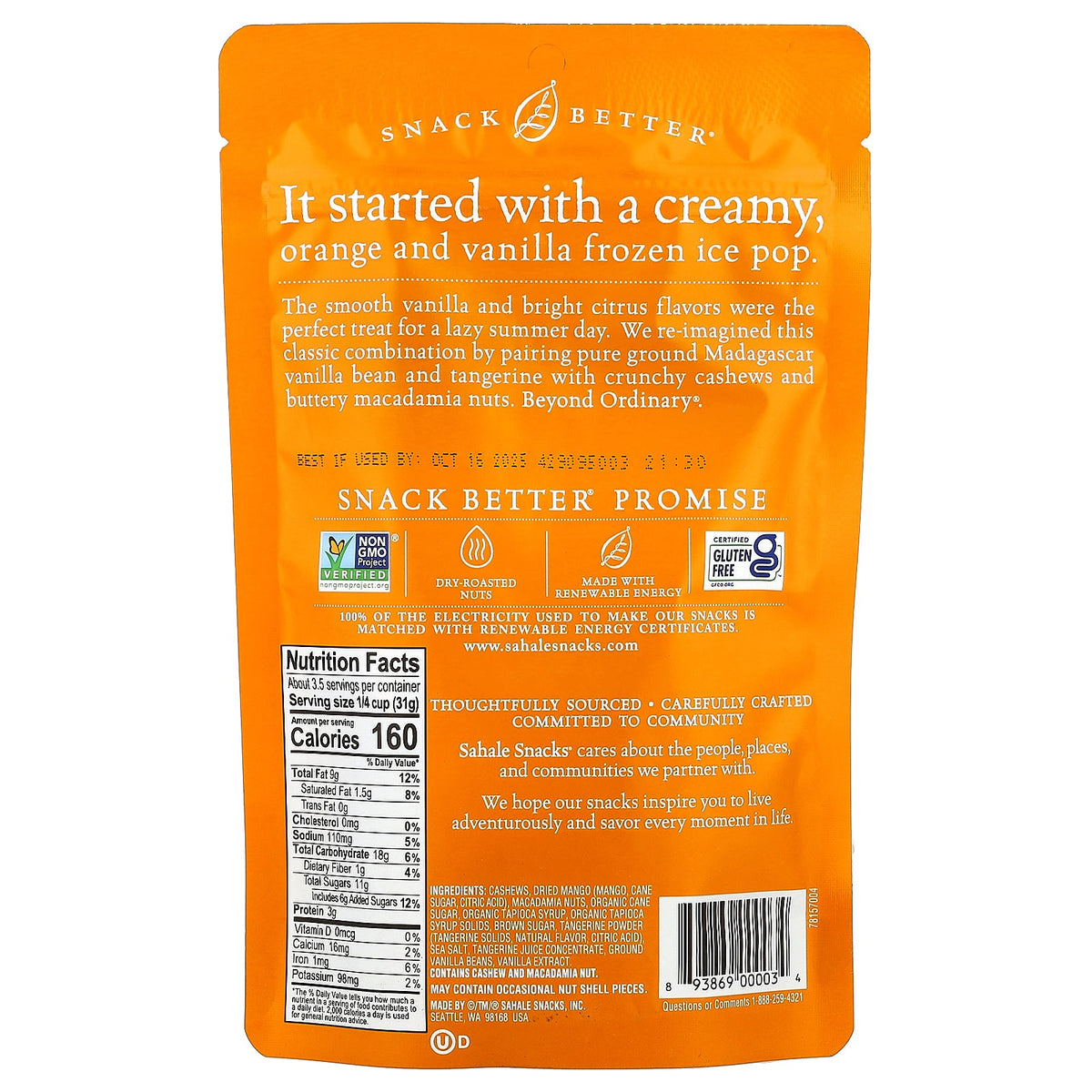 Sahale Snacks, Glazed Mix, Tangerine Vanilla Cashew-Macadamia, 4 oz (113 g)