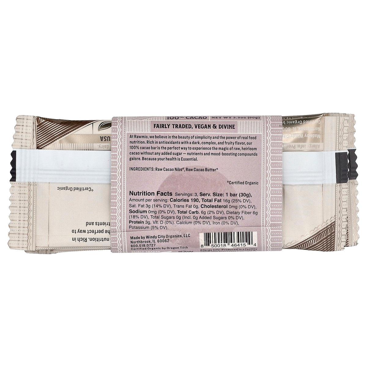 Rawmio, Organic Raw Chocolate Bar, Unsweetened, 100% Cacao, 3 Bars, 1.1 oz (30 g) Each