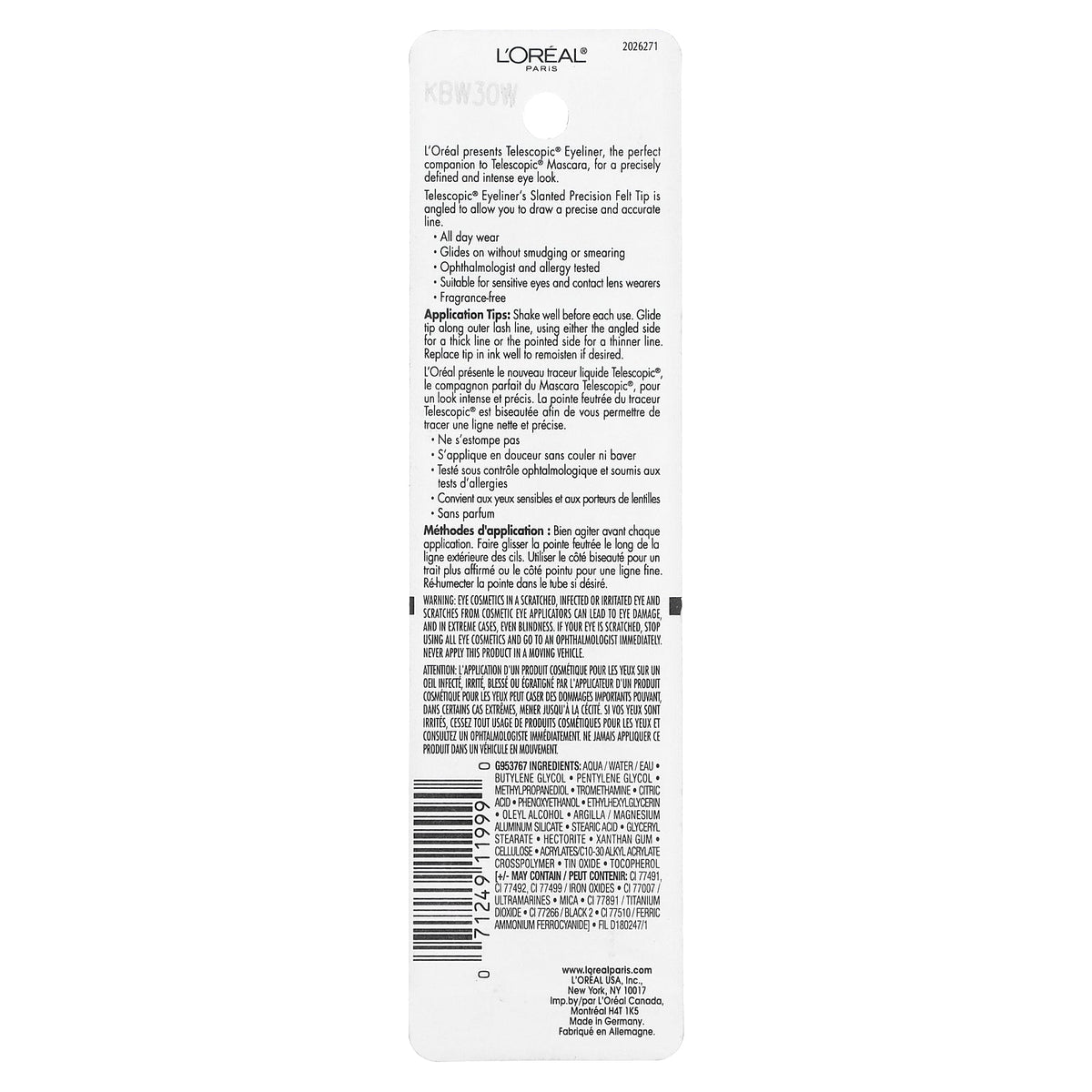 L'Oréal, Telescopic, Control Tip Liquid Eyeliner, 810 Black, 0.08 fl oz (2.45 ml)