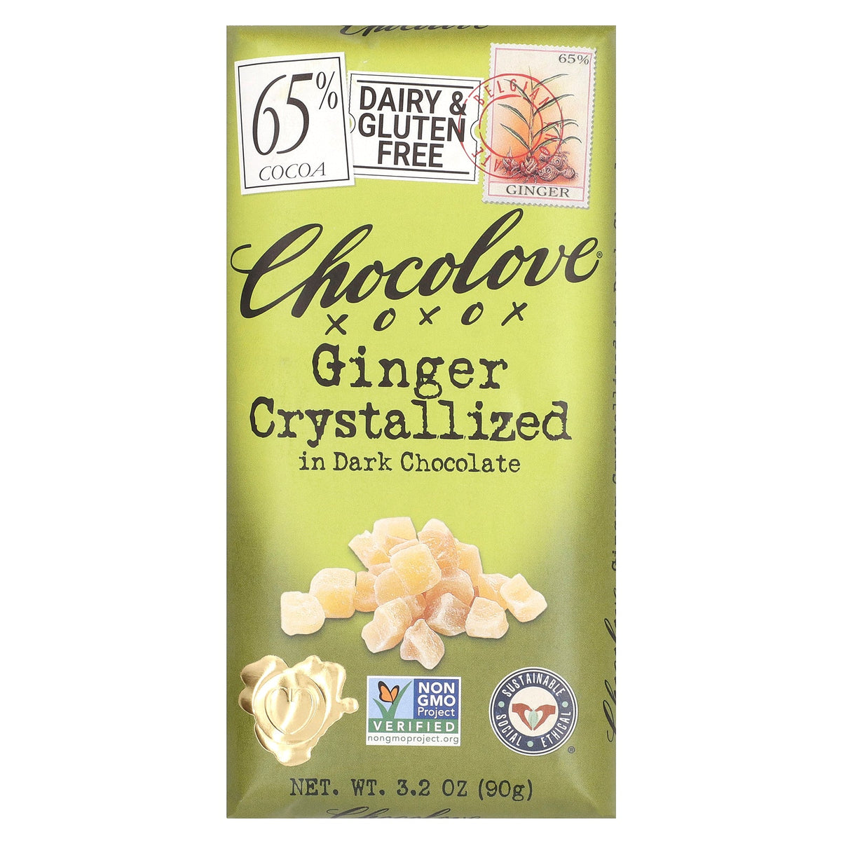 Chocolove, Ginger Crystallized in Dark Chocolate, 65% Cocoa, 3.2 oz (90 g)