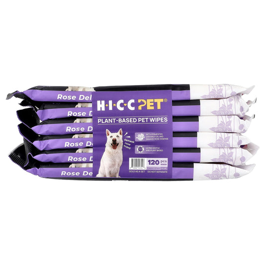 HICC Pet, Plant-Based Pet Wipes, For Dogs & Cats, Damask Rose, 6 Packs, 20 Wipes Each