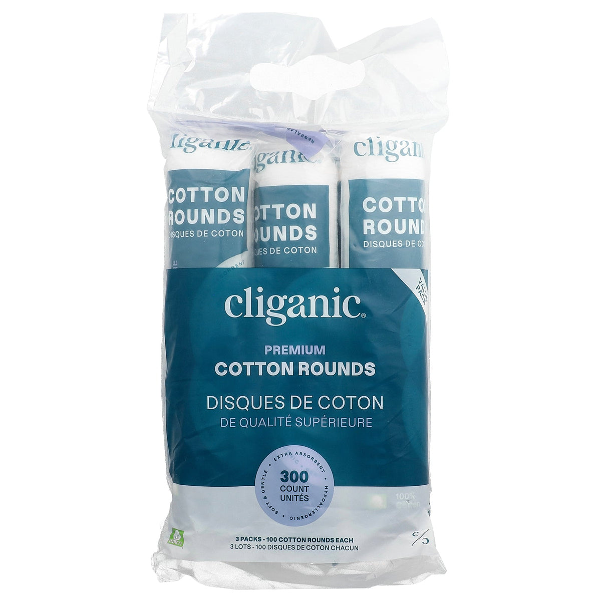 Cliganic, Premium Cotton Rounds, 3 Packs, 100 Count Each