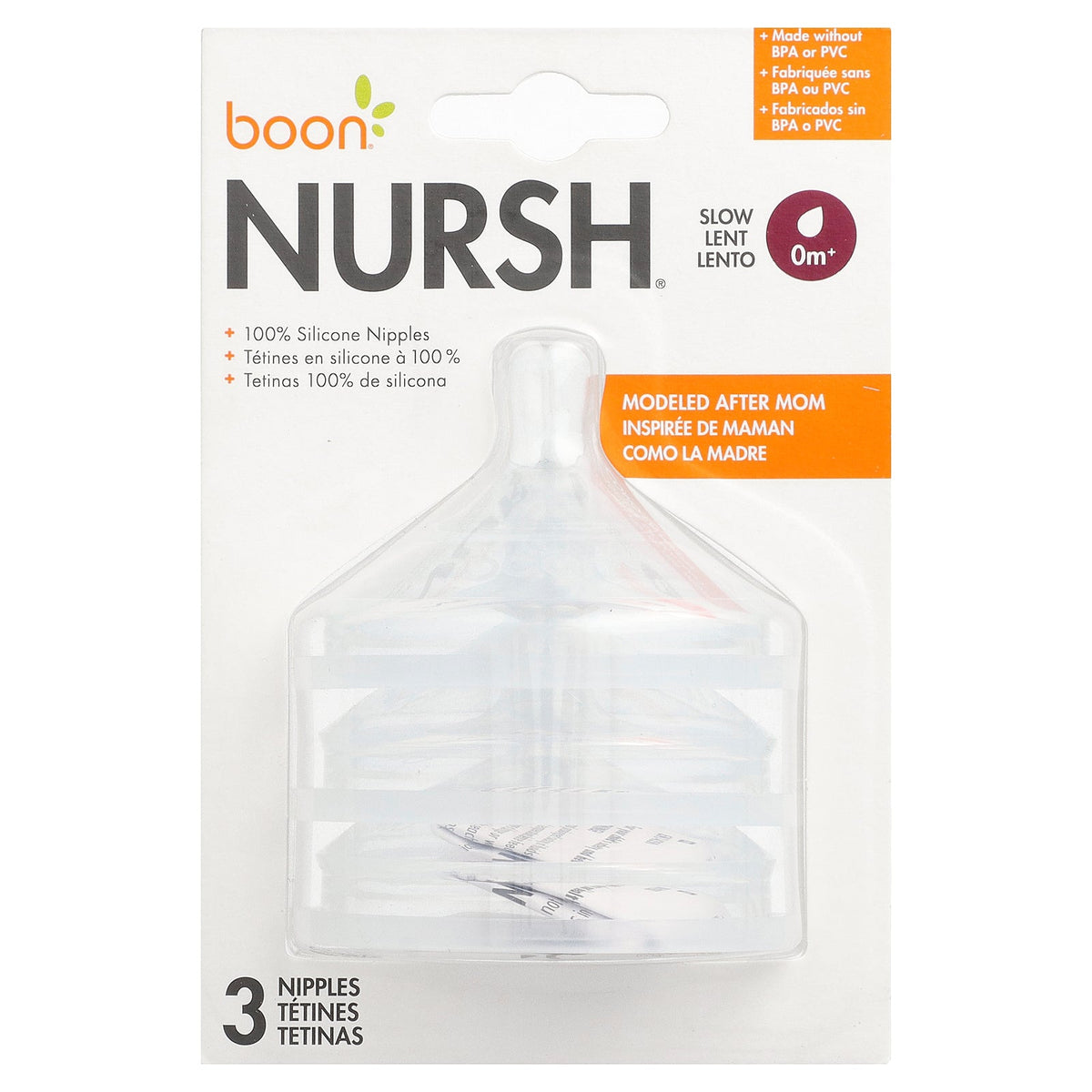 Boon, Nursh®, 100% Silicone Nipples, 0 Months+, Slow Flow, 3 Nipples
