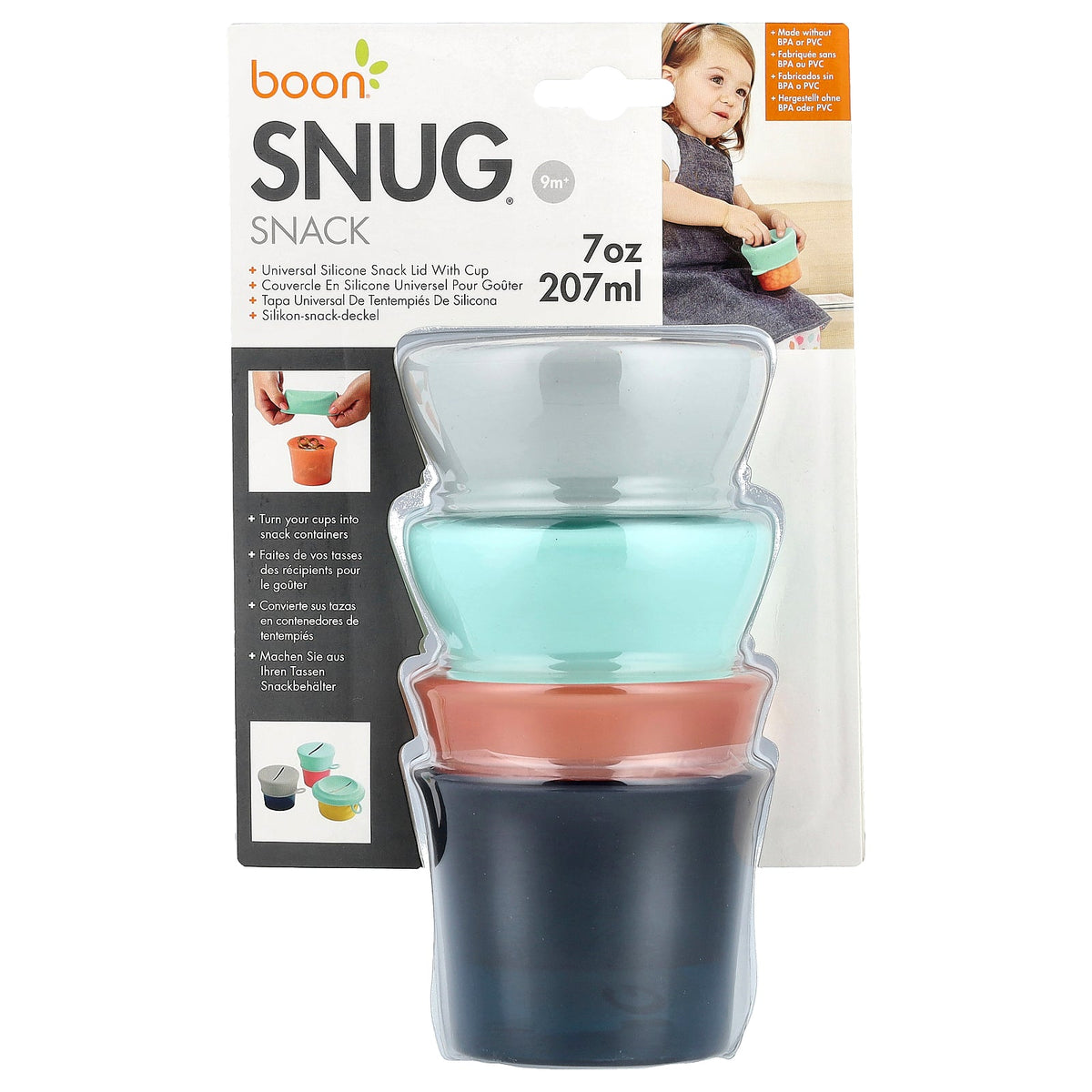Boon, Snug Snack®, Universal Silicone Snack Lid with Cup, 9m+, 2 Cups & 2 Lids, 7 oz (207 ml) Each